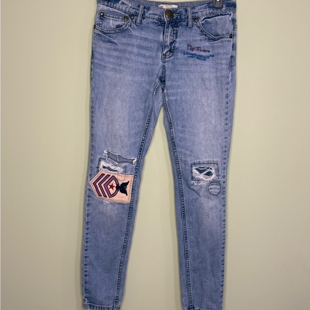 Free People patchwork Jeans embroidery distressed holes 28 waist 31 length woman